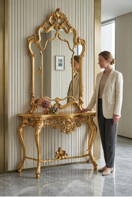 Console de style campagnard avec miroir Coiffeuse avec miroir Table console en or