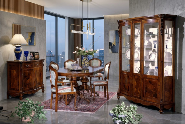 Set Ess Group Wood Chest of drawers Complete Dining table Chairs Dining room Furniture Italy  Ensemble Groupe Essence Commode en bois Table à dîner complète Chaises Mobilier de salle à manger Italie