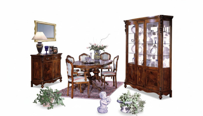 Set Ess Group Wood Chest of drawers Complete Dining table Chairs Dining room Furniture Italy  Ensemble Groupe Essence Commode en bois Table à dîner complète Chaises Mobilier de salle à manger Italie
