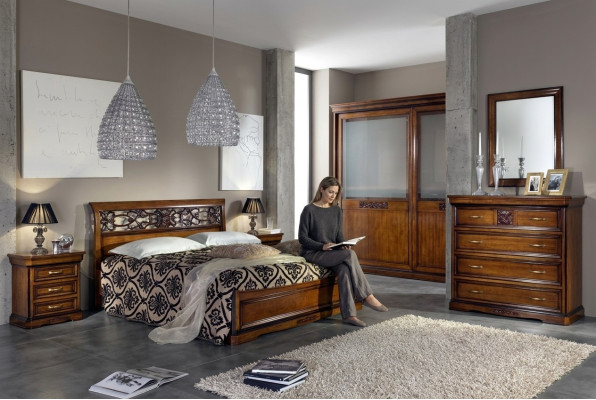 Ensemble de chambre complet - Armoire marron, lit, table de chevet, commode, miroir