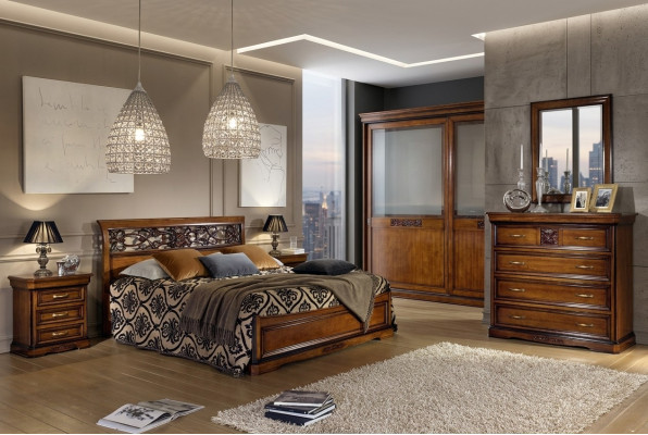 Ensemble de chambre complet - Armoire marron, lit, table de chevet, commode, miroir