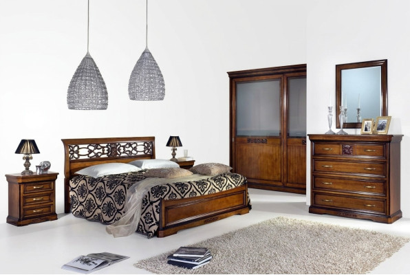 Ensemble de chambre complet - Armoire marron, lit, table de chevet, commode, miroir
