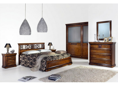 Ensemble de chambre complet - Armoire marron, lit, table de chevet, commode, miroir