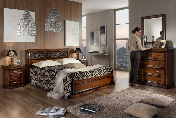 Ensemble complet de chambre à coucher en bois brun Lit 2x Table de chevet Commode Miroir neuf