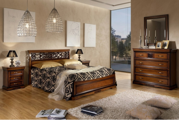 Ensemble complet de chambre à coucher en bois brun Lit 2x Table de chevet Commode Miroir neuf