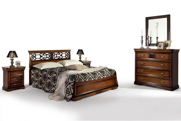 Ensemble complet de chambre à coucher en bois brun Lit 2x Table de chevet Commode Miroir neuf