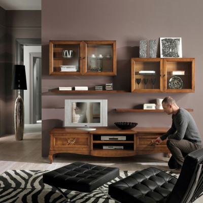 Ensemble de salon Vitrine Meuble TV Commode Table basse Commodes Armoire Bois neuf 7 pièces.