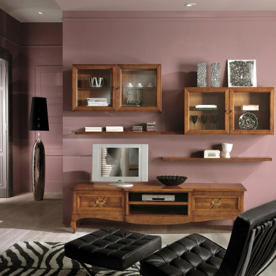 Ensemble de salon Vitrine Meuble TV Commode Table basse Commodes Armoire Bois neuf 7 pièces.