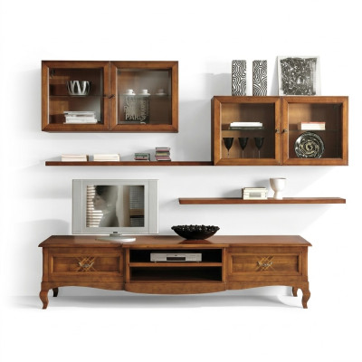 Ensemble de salon Vitrine Meuble TV Commode Table basse Commodes Armoire Bois neuf 7 pièces.