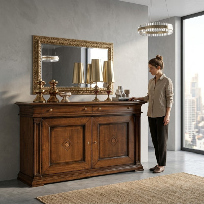 Commode en bois massif avec miroir Buffet Commodes Ensembles de meubles italiens 2 pièces.