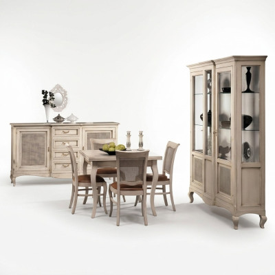 Suite Mobilier en bois Commode 4x Chaise Table Vitrine Nouveau Groupe Ensemble de salle à manger 7 pièces