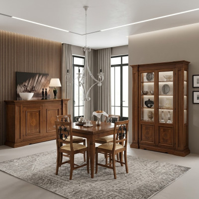 Suite de meubles en bois Commode 4 chaises Table Vitrine nouvelle Ensemble salle à manger 7 pièces