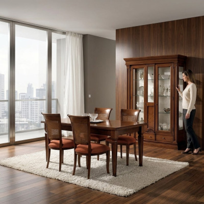 Salle à manger Table à manger Chaises Commode Vitrine Groupe Suite Bois Marron Ensemble de 7 pièces