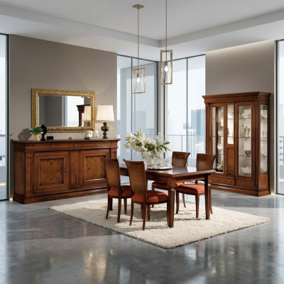 Salle à manger Table à manger Chaises Commode Vitrine Groupe Suite Bois Marron Ensemble de 7 pièces