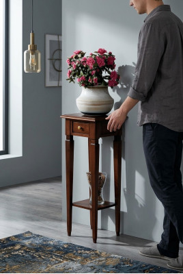 Support de fleurs en bois brun avec tiroir et étagère