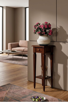 Support de fleurs en bois brun avec tiroir et étagère