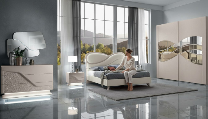 Ensemble de chambre à coucher 5 pièces. Lit de luxe 2x Table de chevet Commode Armoire Bois neuf