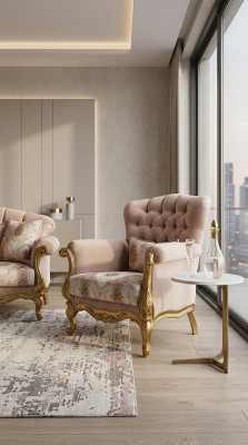 Fauteuil design en bois de luxe Mobilier classique Chesterfield Tissu Salon neuf