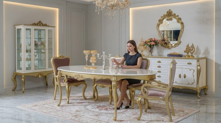 Ensemble de salle à manger design 8 pièces Table de salle à manger Chaise Commode Vitrine Miroir