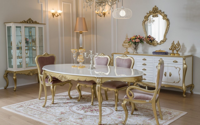 Ensemble de salle à manger design 8 pièces Table de salle à manger Chaise Commode Vitrine Miroir
