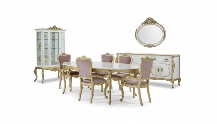 Ensemble de salle à manger design 8 pièces Table de salle à manger Chaise Commode Vitrine Miroir