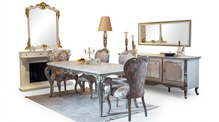 Ensemble de salle à manger 7 pièces. Table à manger 4 chaises Commode Miroir Groupe Suite Blanc neuf