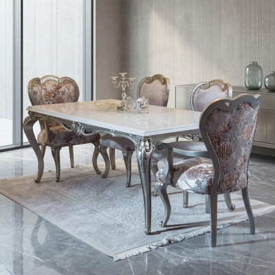 Table de salle à manger classique en argent Tables baroques Rococo Table de salle à manger Meubles blancs