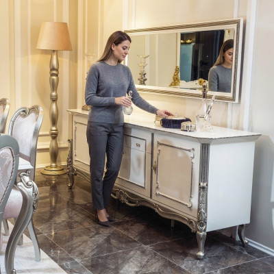 Buffet Blanc Argent Buffet Consoles Commode Style italien 2 pièces. Miroir