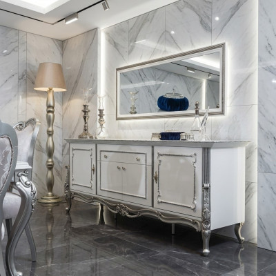Buffet Blanc Argent Buffet Consoles Commode Style italien 2 pièces. Miroir