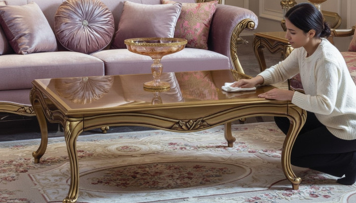 Table basse royale en bois doré avec des accents marron conçue dans le style baroque et rococo.