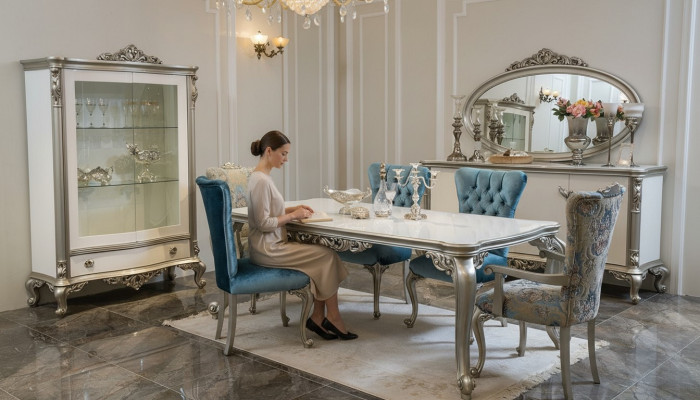 Salle à manger Ensemble Vitrine Table 6x Chaise Commode Miroir Art déco 10pcs
