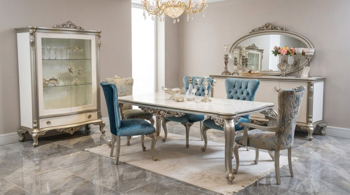 Salle à manger Ensemble Vitrine Table 6x Chaise Commode Miroir Art déco 10pcs
