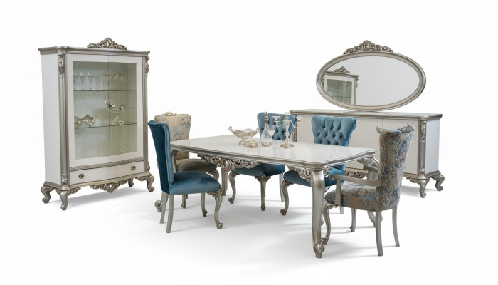Salle à manger Ensemble Vitrine Table 6x Chaise Commode Miroir Art déco 10pcs