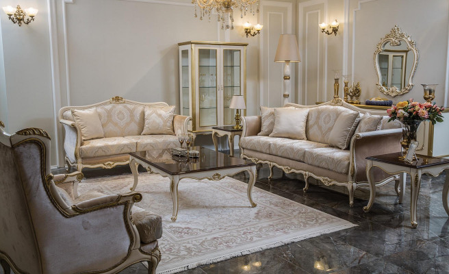 Fauteuil baroque beige et doré une place style classique meuble velours bois