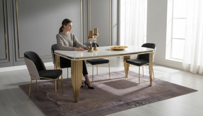 Ensemble de salle à manger, table à manger de luxe, 4x chaises, ensemble de table à manger en acier inoxydable, ensemble complet de 5 pièces.
