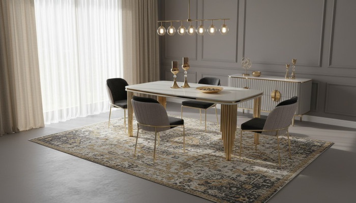 Ensemble de salle à manger, table à manger de luxe, 4x chaises, ensemble de table à manger en acier inoxydable, ensemble complet de 5 pièces.