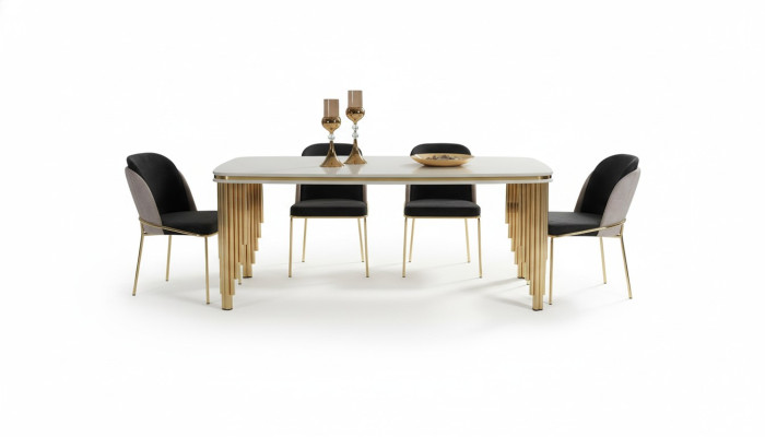 Ensemble de salle à manger, table à manger de luxe, 4x chaises, ensemble de table à manger en acier inoxydable, ensemble complet de 5 pièces.