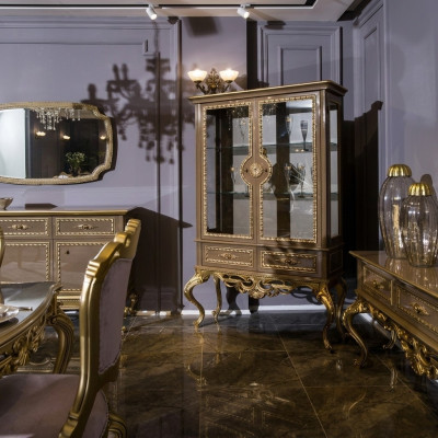 Vitrine dorée Baroque Rococo Meubles Armoire Verre Armoires Étagères Vitrines