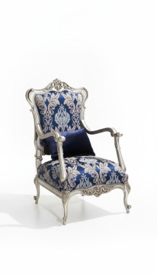 Luxueux fauteuil une place à dossier rembourré en tissu bleu à motif floral style baroque
