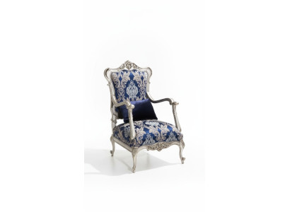 Luxueux fauteuil une place à dossier rembourré en tissu bleu à motif floral style baroque