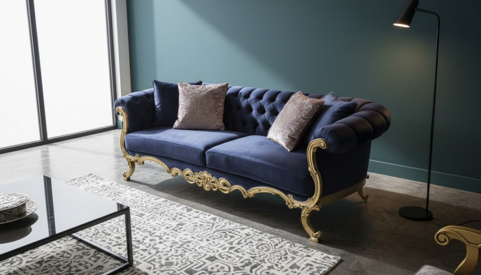 Canapé trois places Chesterfield de couleur bleue luxueuse pour le salon