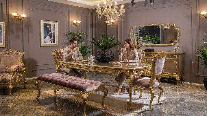 Ensemble de salle à manger classique Table Chaise Commode Miroir Tabouret 6 pièces