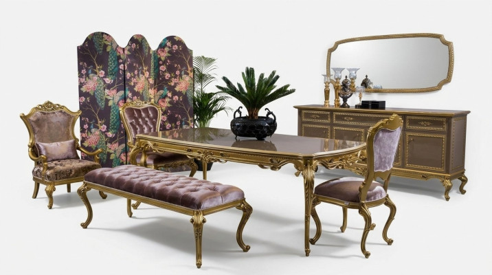 Ensemble de salle à manger classique Table Chaise Commode Miroir Tabouret 6 pièces