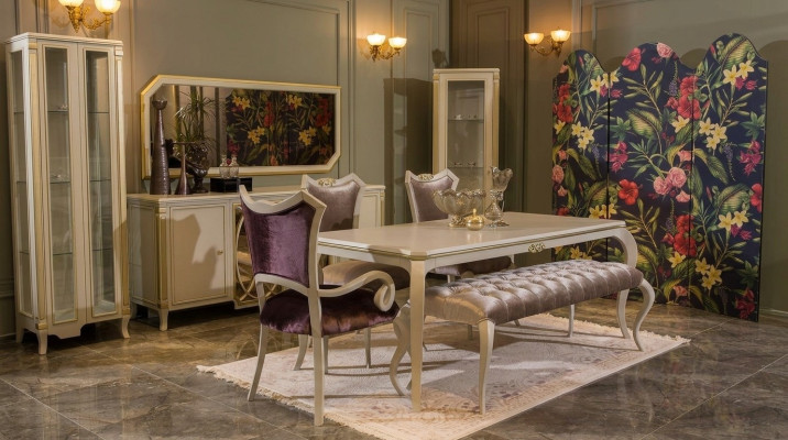 Set de salle à manger de design 8 pièces Table de salle à manger Chaise Commode Vitrine Tabouret Bois