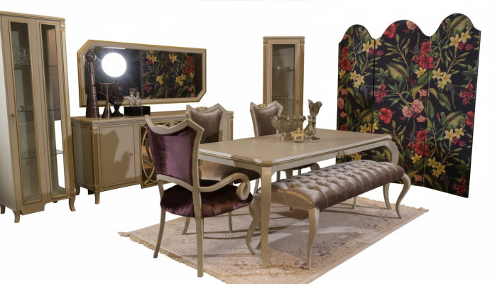 Set de salle à manger de design 8 pièces Table de salle à manger Chaise Commode Vitrine Tabouret Bois
