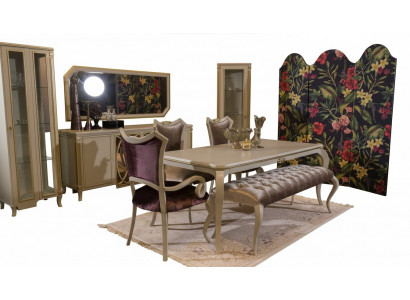 Set de salle à manger de design 8 pièces Table de salle à manger Chaise Commode Vitrine Tabouret Bois