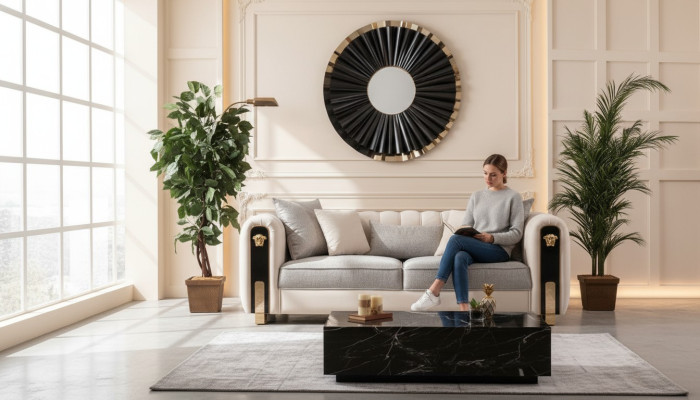 Canapé 3 places luxueux rembourré en beige de style contemporain