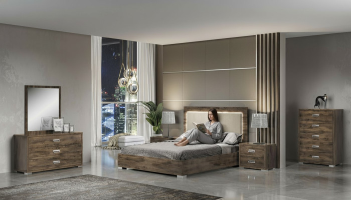 Ensemble moderne de meubles de chambre à coucher avec lit, table de nuit, commode et miroir de 6 pièces
