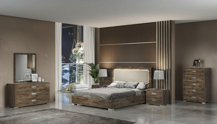 Ensemble moderne de meubles de chambre à coucher avec lit, table de nuit, commode et miroir de 6 pièces