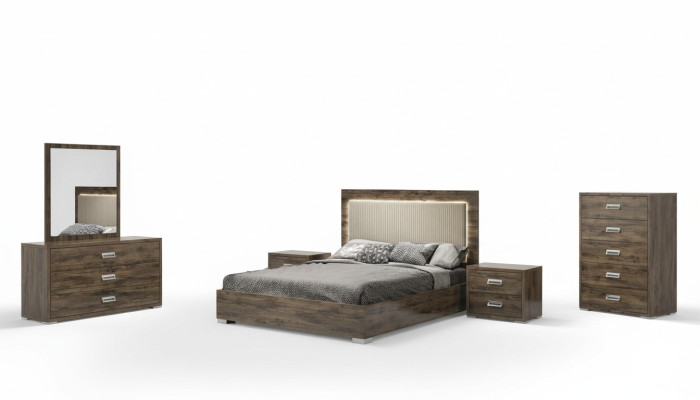 Ensemble moderne de meubles de chambre à coucher avec lit, table de nuit, commode et miroir de 6 pièces